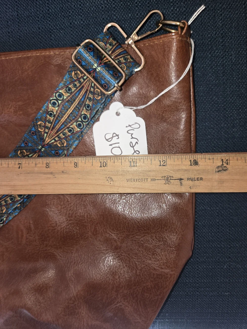 Faux Leather Crossbody Bag with Patterned Strap - Brown